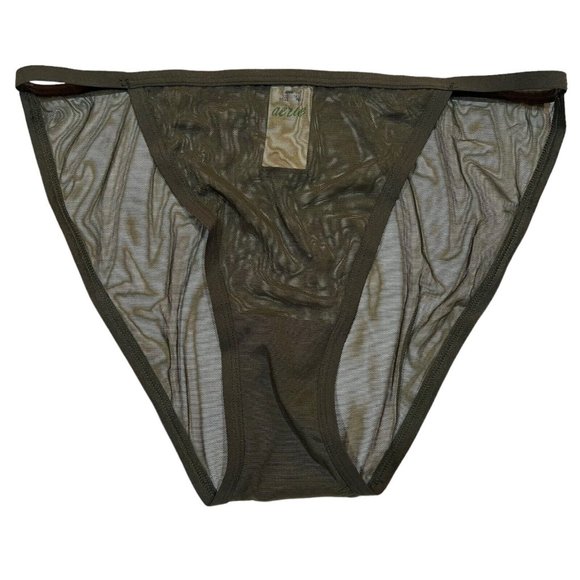 NWT AERIE High Cut Bikini Pantie Underwear Sz M Olive Green Mesh - Picture 1 of 4